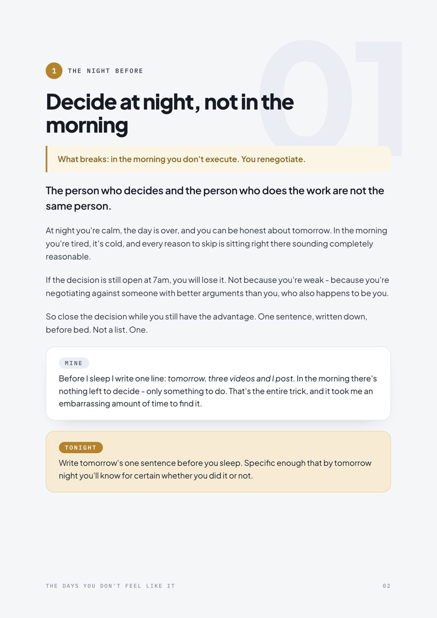 A page of the guide: rule one, decide at night, not in the morning